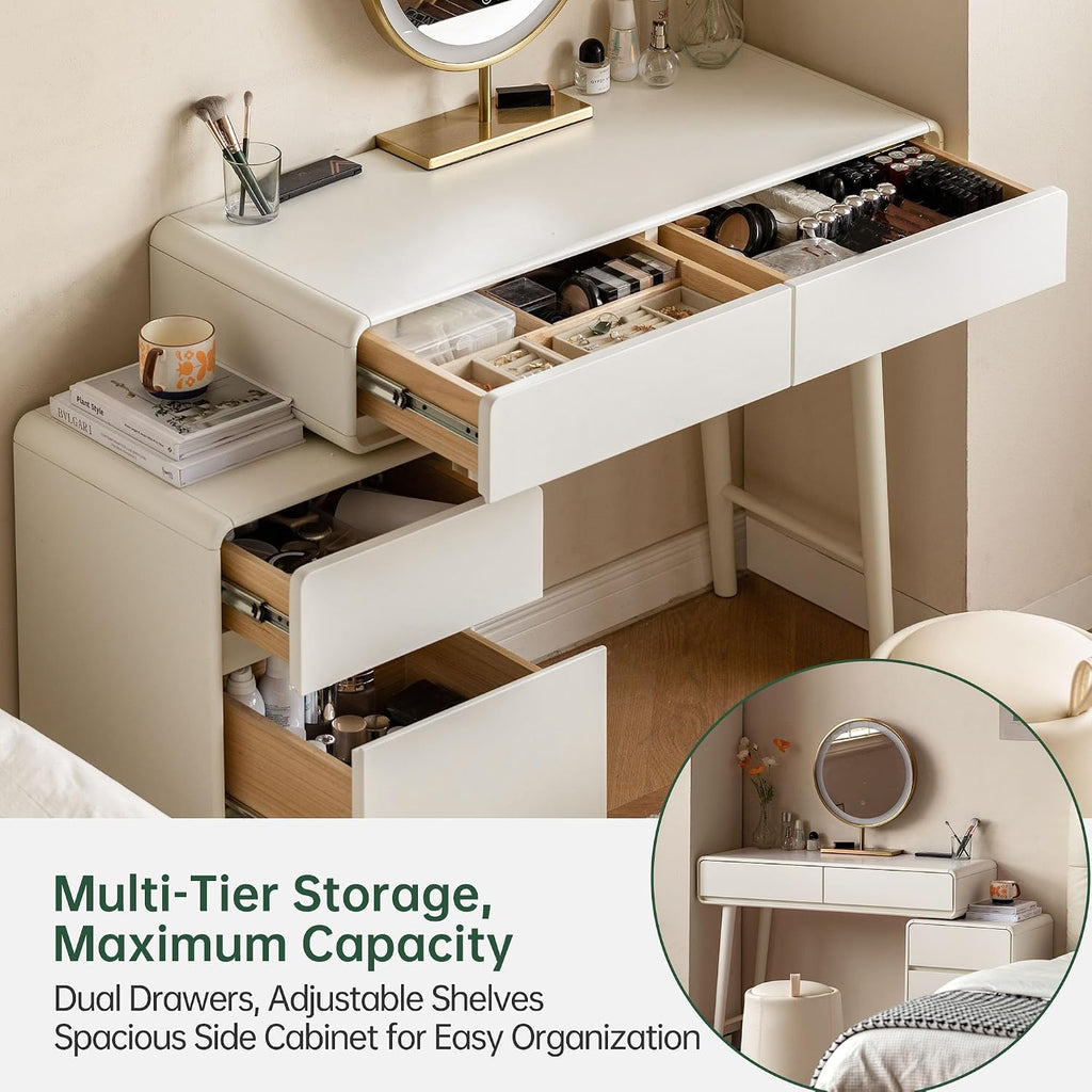 YESWOOD Extendable Makeup Vanity Desk, Solid Rubber Wood Dressing Table with Cabinet, Makeup Desk and Vanity Table for Bedroom, White, No Chair and No Mirror