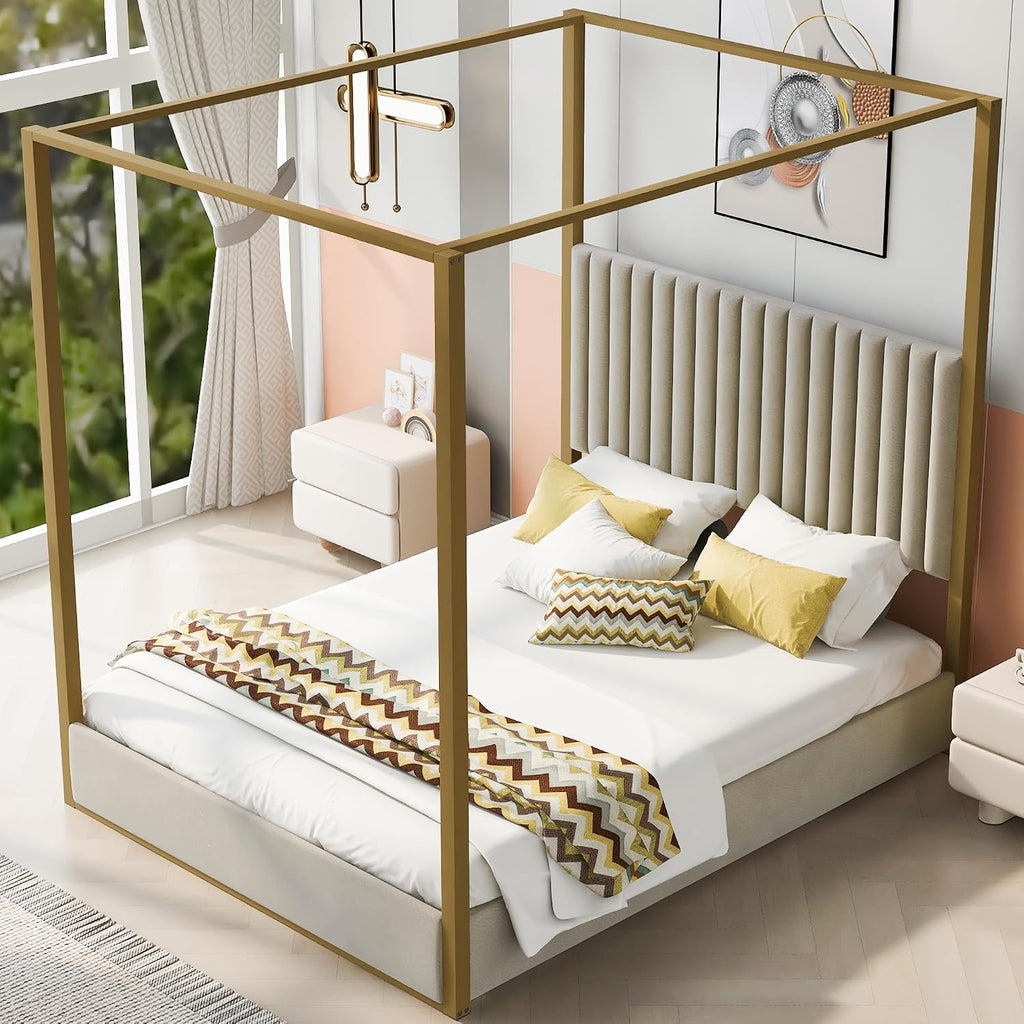 Modern 4-Poster Canopy Platform Bed Queen Size with Channel Upholstery Tufted Headboard, Gold Metal Canopied Design Platform Bed Frame with Strong Slats Support (Beige+U)