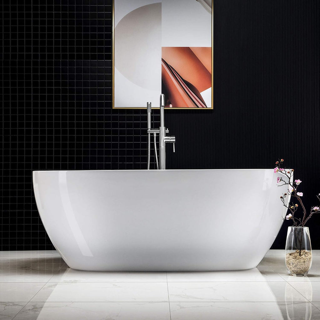WOODBRIDGE 67' Acrylic Freestanding Bathtub Contemporary Soaking White Tub with Chrome Overflow and Drain，BTA1528-C