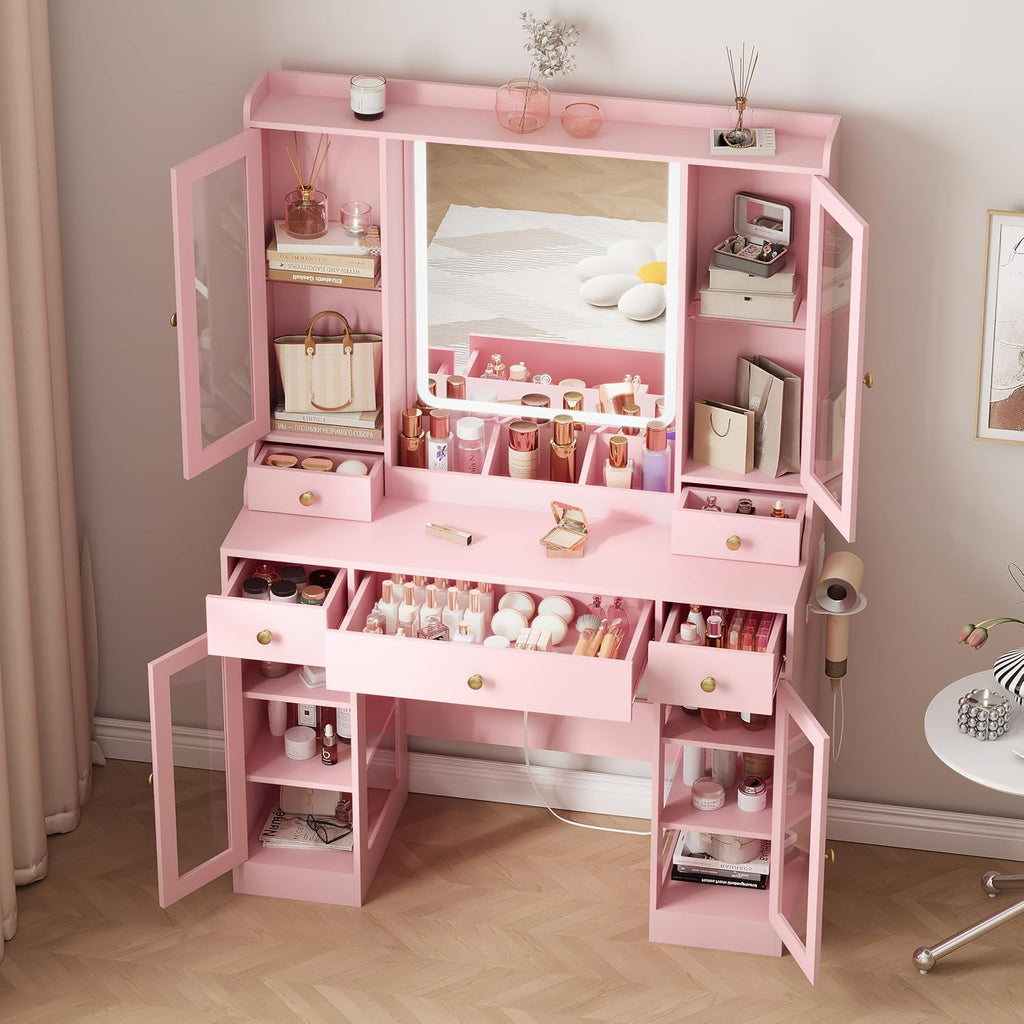 HUANLEGO Vanity Desk with Mirror and Lights, Pink Vanity Mirror with Lights & RGB Glass Cabinet and 3 Drawers, Makeup Vanitys Desk with Lighted Mirror, Dressing Table for Girls Bedroom, 3 Color Modes
