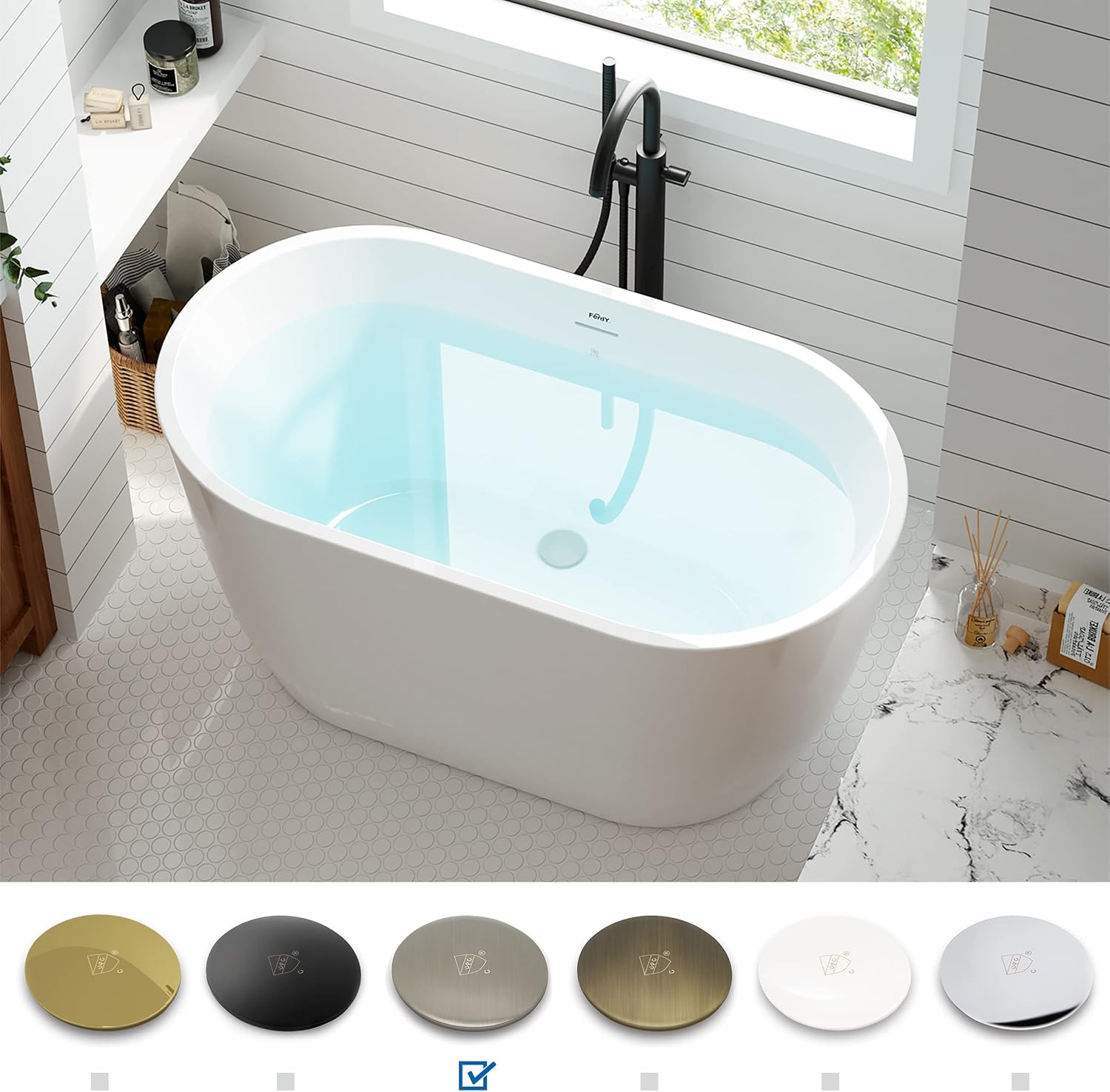 FerdY 47' Bali Acrylic Freestanding Bathtub, Gracefully Shaped Freestanding Soaking Bathtub, cUPC Certified, Toe-Tap Brushed Nickel Drain and Minimalist Linear Design Overflow Included
