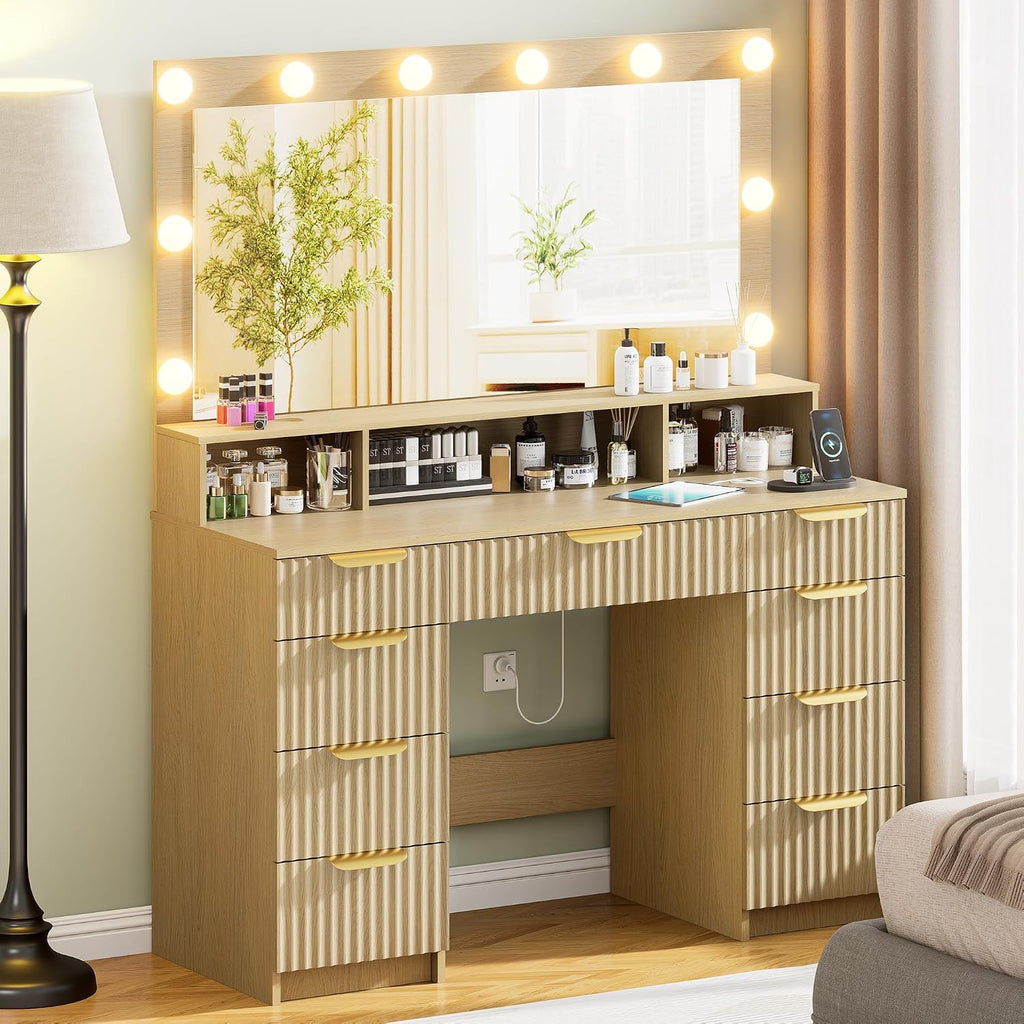 Fluted Vanity Desk with Mirror and Lights, Modern Make up Vanity Dressing Table with 9 Drawers & Large Mirror, Large Vanity Desk with Charging Station for Girls, Women, Bedroom, Natural Oak