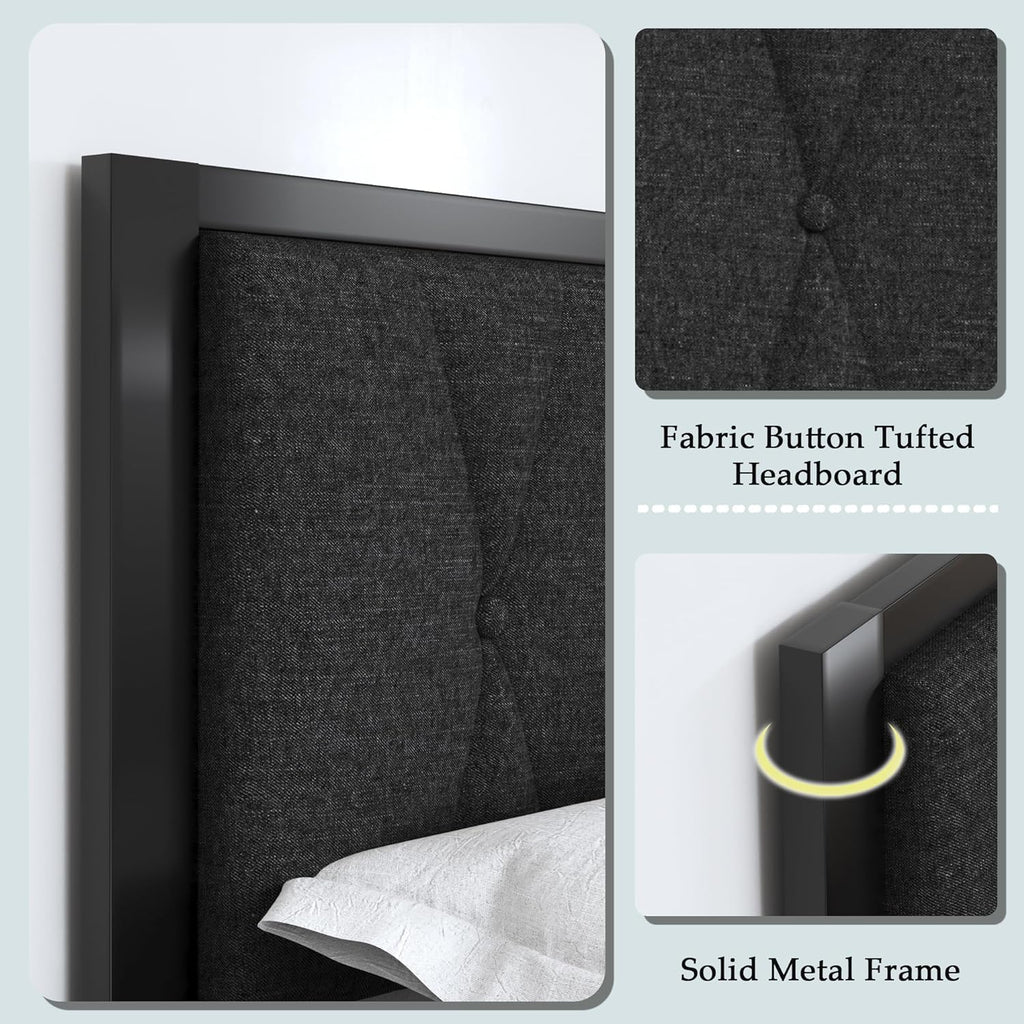 Feonase Full Size Metal Bed Frame with Fabric Button Tufted Headboard, Platform Bed Frame with Heavy Duty Metal Slats, 12' Storage Space, Noise Free, No Box Spring Needed, Dark Grey