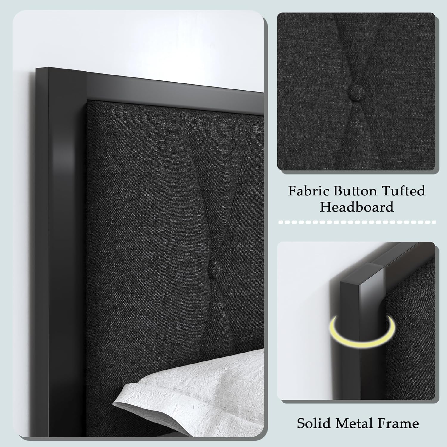 Feonase Full Size Metal Bed Frame with Fabric Button Tufted Headboard, Platform Bed Frame with Heavy Duty Metal Slats, 12' Storage Space, Noise Free, No Box Spring Needed, Dark Grey