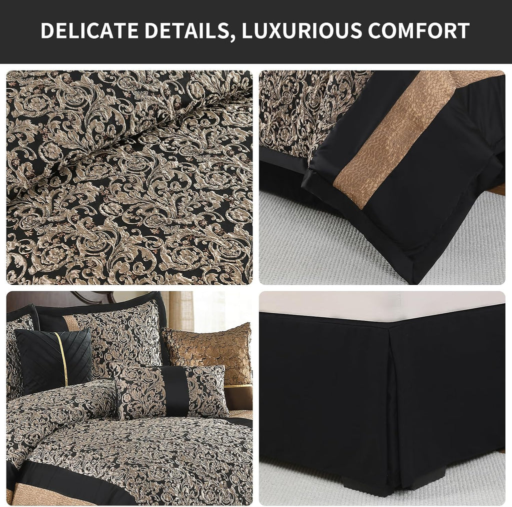 Bedduvit Luxury 7 Piece Queen Comforter Set - Vintage Elegant Floral Jacquard Black and Gold Bed in Bag, Chic Stripe Botanical Patchwork Thick Bedding Set with Bed Skirt, Decorative Pillows, Shams