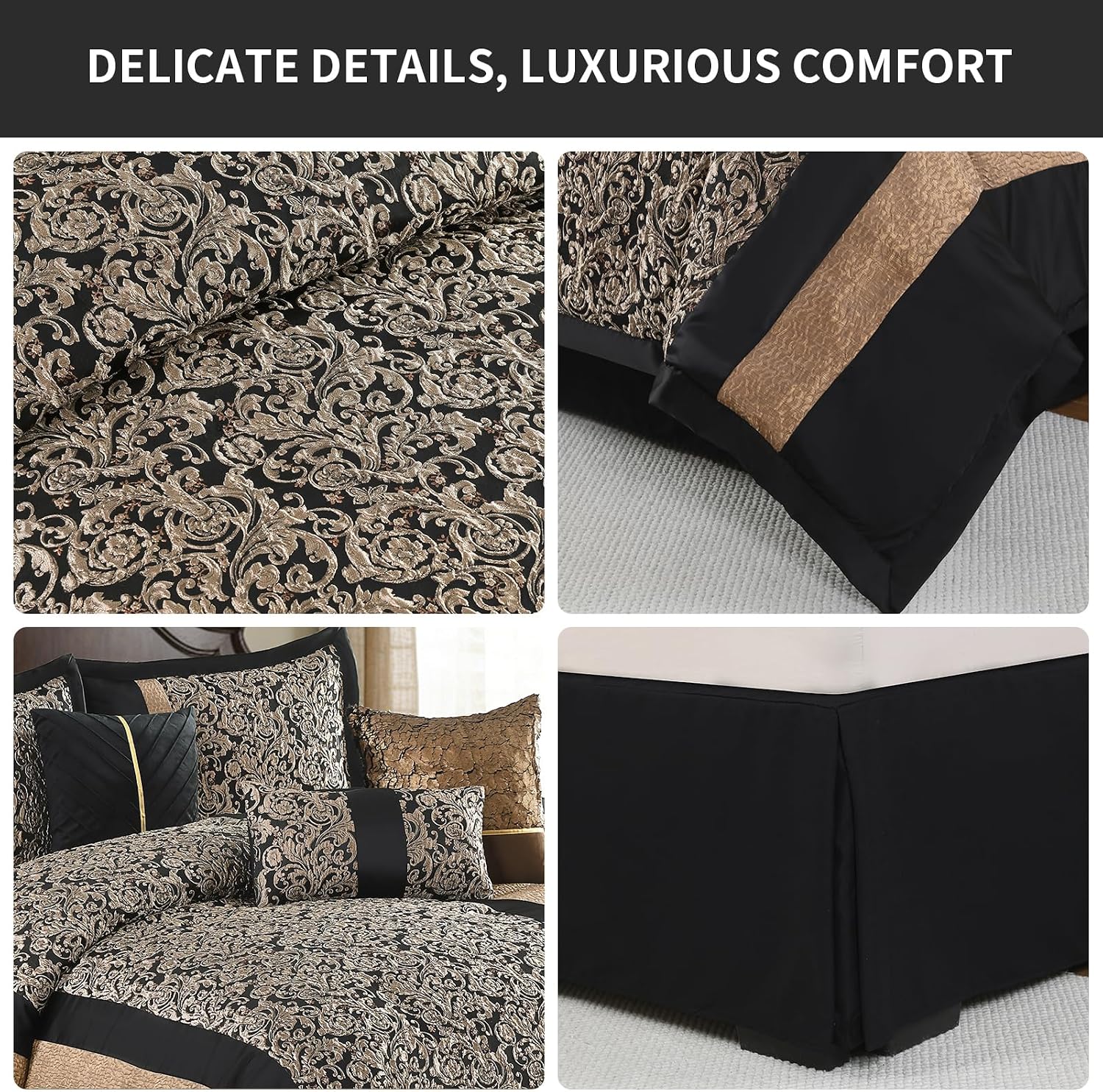 Bedduvit Luxury 7 Piece King Comforter Set - Vintage Elegant Floral Jacquard Black and Gold Bed in Bag King, Chic Stripe Botanical Patchwork Thick Bedding Set with Bed Skirt, Decorative Pillows, Shams