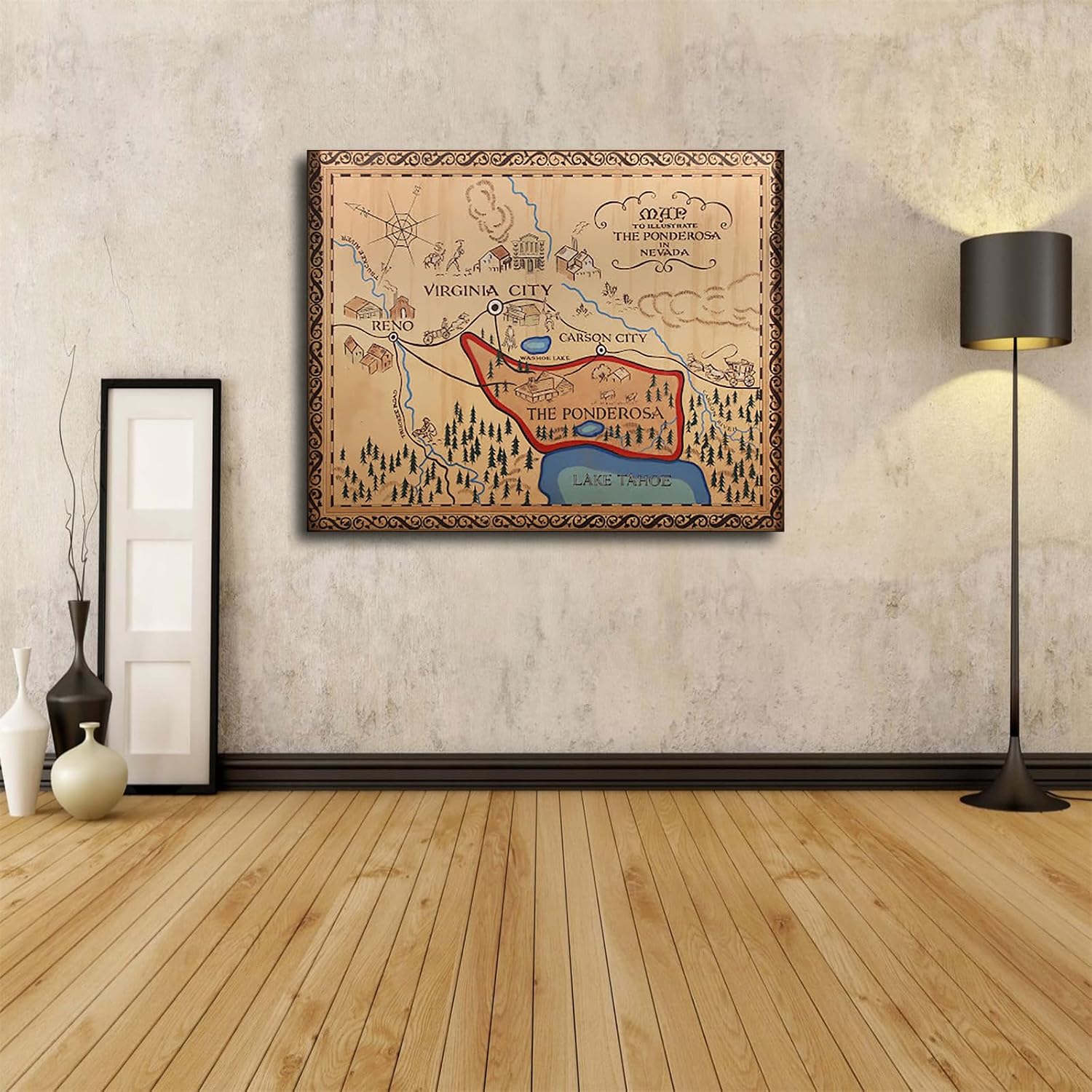Bonanza Map Reproduction Ponderosa Nevada Art Poster Canvas Print Wall Art Picture Indoor Bedroom Living Room Aesthetic Artwork Garage Cafe Decorative (24×36inch Framed)