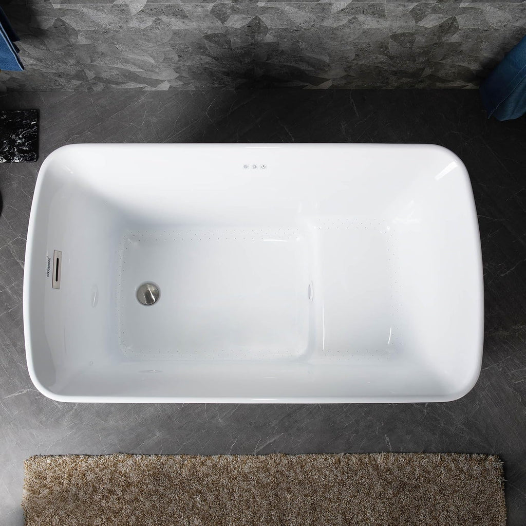 WOODBRIDGE 48' Acrylic Freestanding Rectangular Air Bath Bathtub with Pre-molded Seat and Brushed Nickel Pop-Up Drain and Overflow Option, White, B0170-B