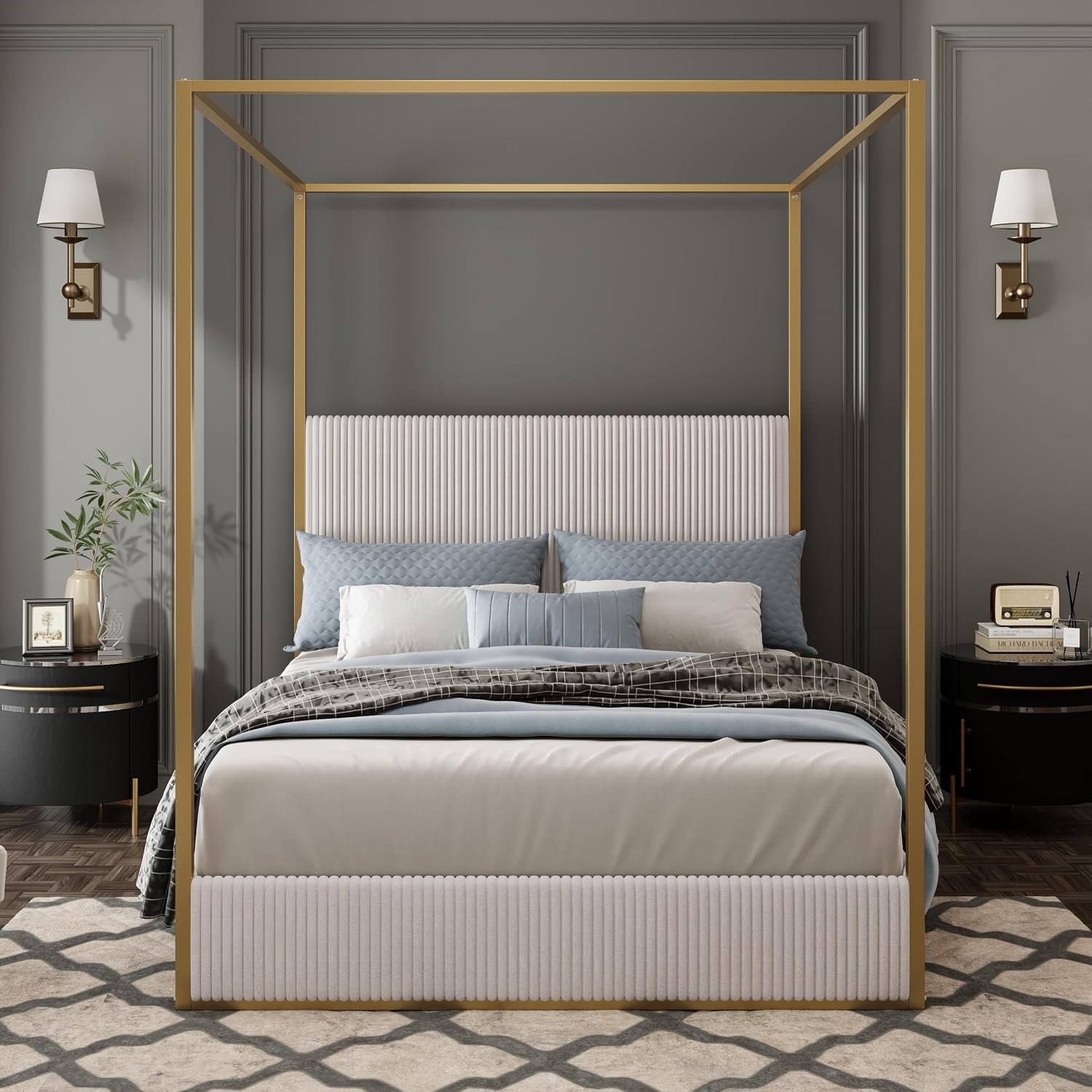Modern Luxury 4-Poster Canopy Platform Bed Queen Size with Velvet Upholstered Tall Headboard, Metal Canopied Design Platform Bed Frame with Strong Slats Support (Beige+Gold)