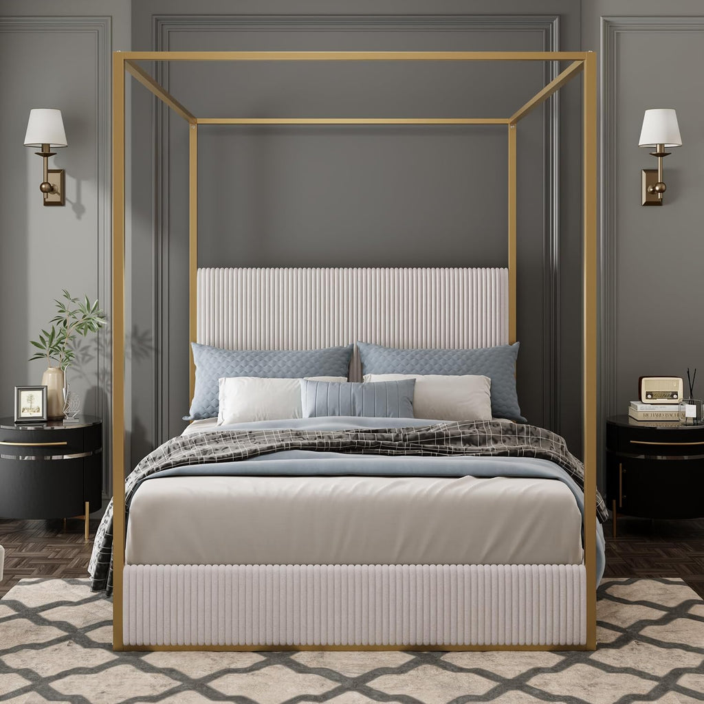 Modern Luxury 4-Poster Canopy Platform Bed King Size with Velvet Upholstered Tall Headboard, Metal Canopied Design Platform Bed Frame with Strong Slats Support (Beige+Gold-King)