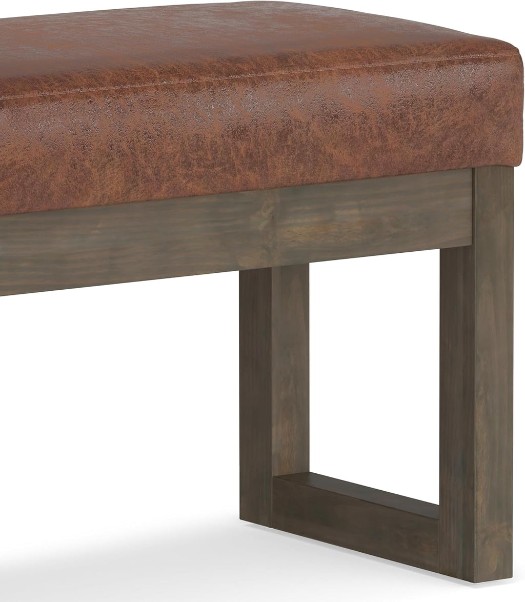 SIMPLIHOME Milltown Small Ottoman Bench - 27 inch Wide Upholstered Vegan Leather Rectangle Footstool Ottoman in Distressed Saddle Brown, Contemporary Bench for Bedroom with Cushioned Seat, Assembled
