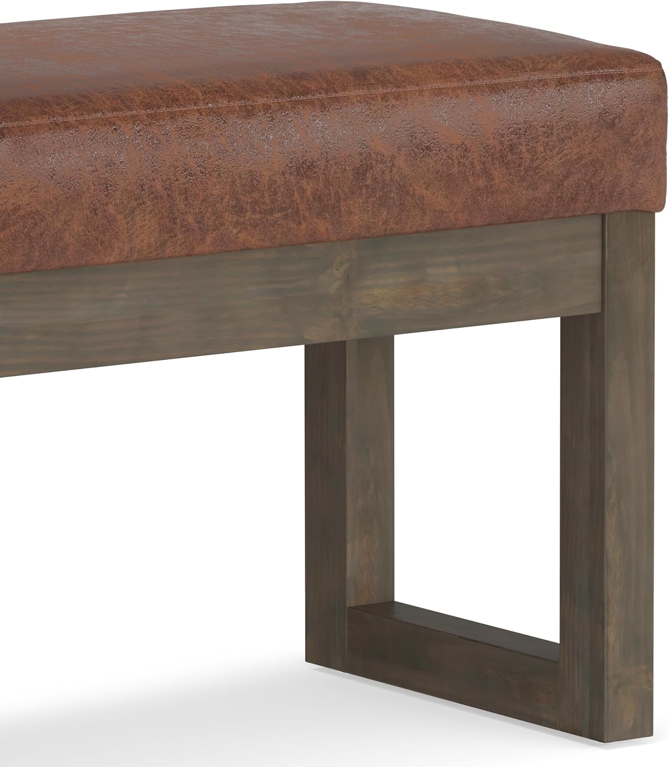 SIMPLIHOME Milltown Small Ottoman Bench - 27 inch Wide Upholstered Vegan Leather Rectangle Footstool Ottoman in Distressed Saddle Brown, Contemporary Bench for Bedroom with Cushioned Seat, Assembled