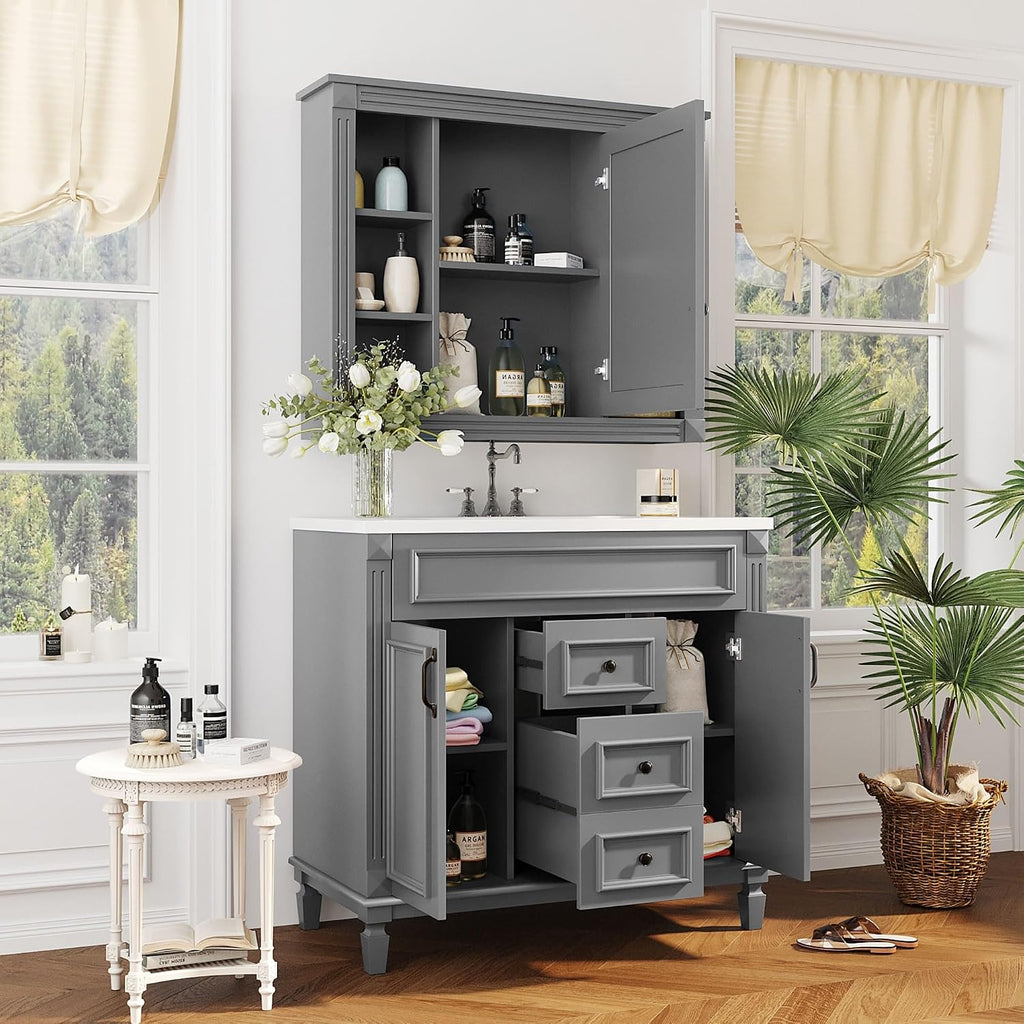 Merax Medicine Cabinet with Mirror, Wall Mount Bathroom Cabinet 35' x 28' Over Toilet Storage Cabinet Organizer with Door and Open Shelves, Mirrored Bathroom Wall Cabinet