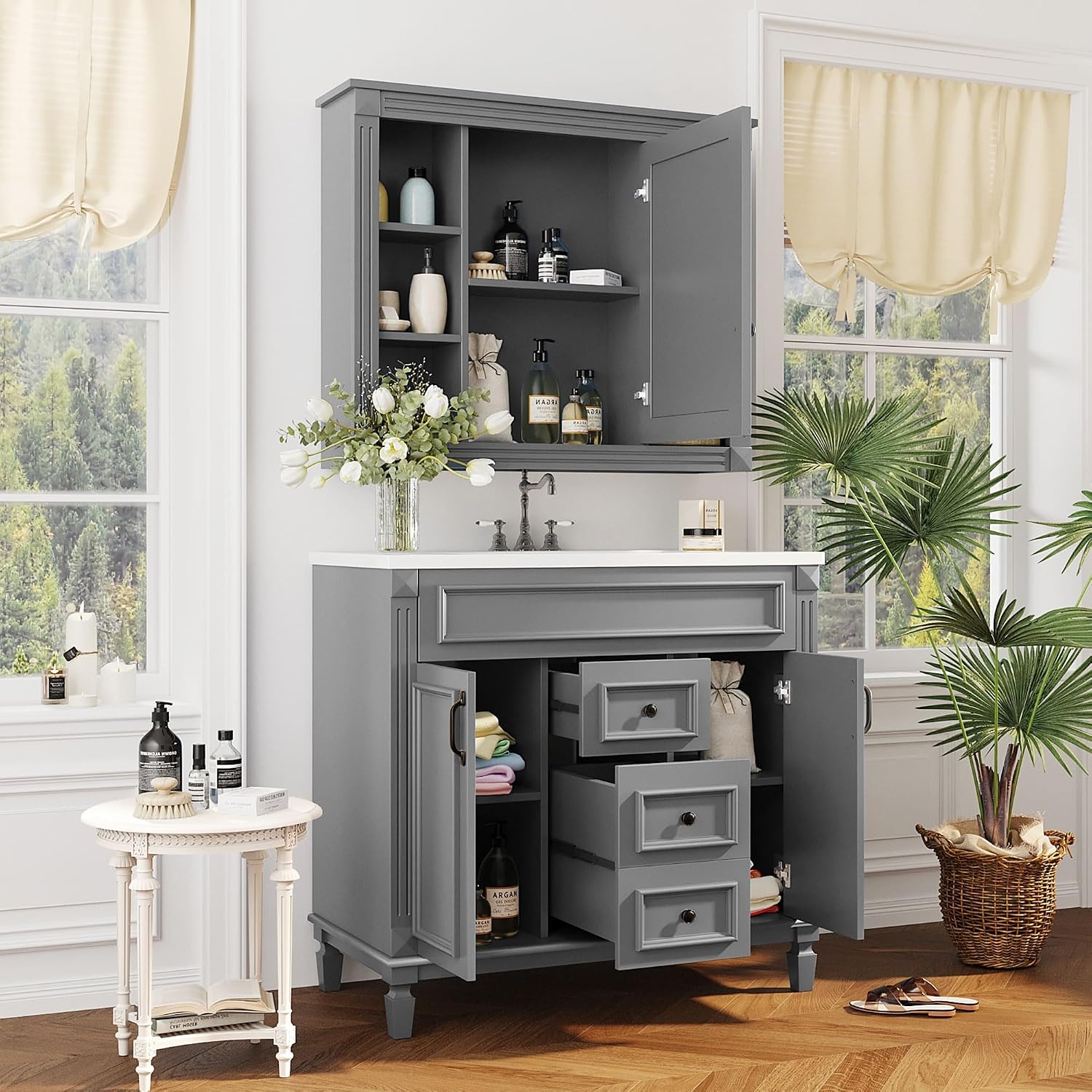 Merax Medicine Cabinet with Mirror, Wall Mount Bathroom Cabinet 35' x 28' Over Toilet Storage Cabinet Organizer with Door and Open Shelves, Mirrored Bathroom Wall Cabinet