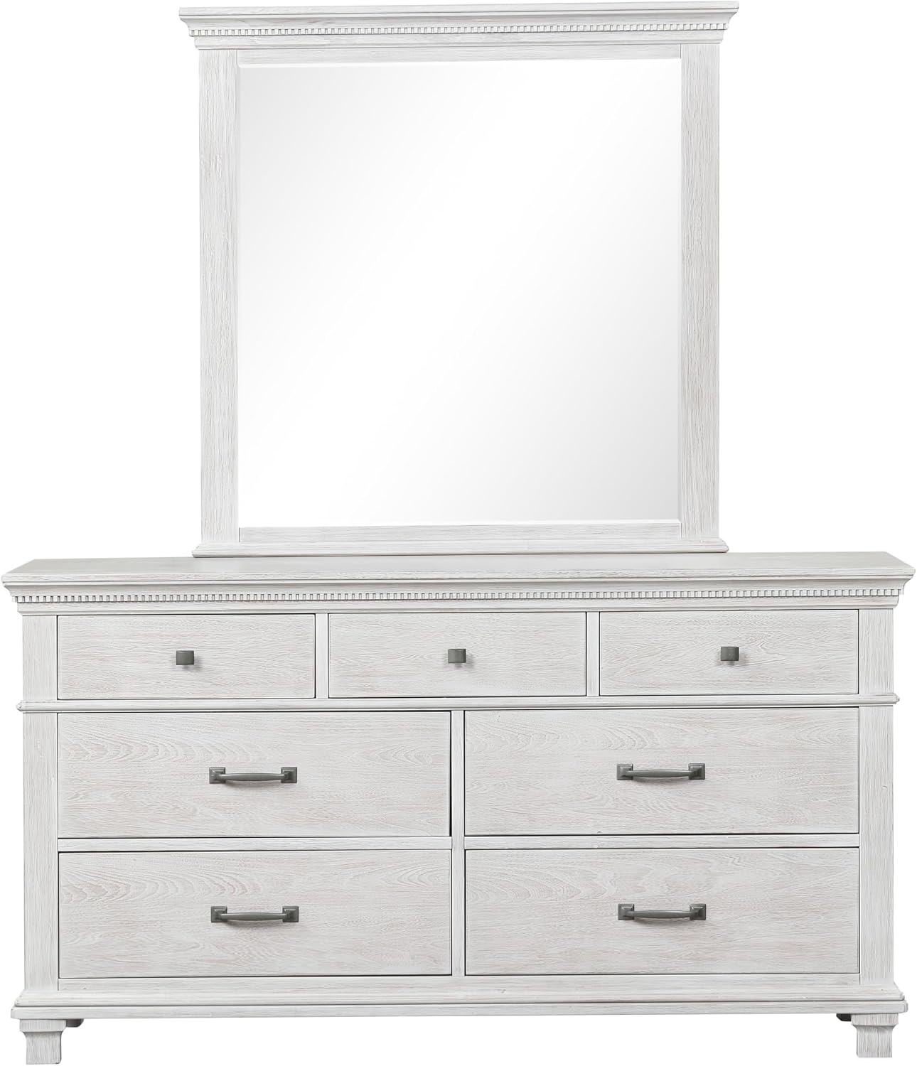 Furniture of America Deborah Modern Solid Wood 5-Piece Bedroom Set with Fabric Headboard, Dentil Molding, Black Square Knob, Felt-Lined Top Drawers, Box Spring Needed, King, Weathered Gray