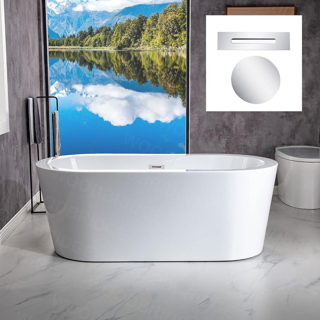 WOODBRIDGE 59' Acrylic Freestanding Bathtub Contemporary Soaking White Tub with Chrome Overflow and Drain, B0012 -C-Drain &O