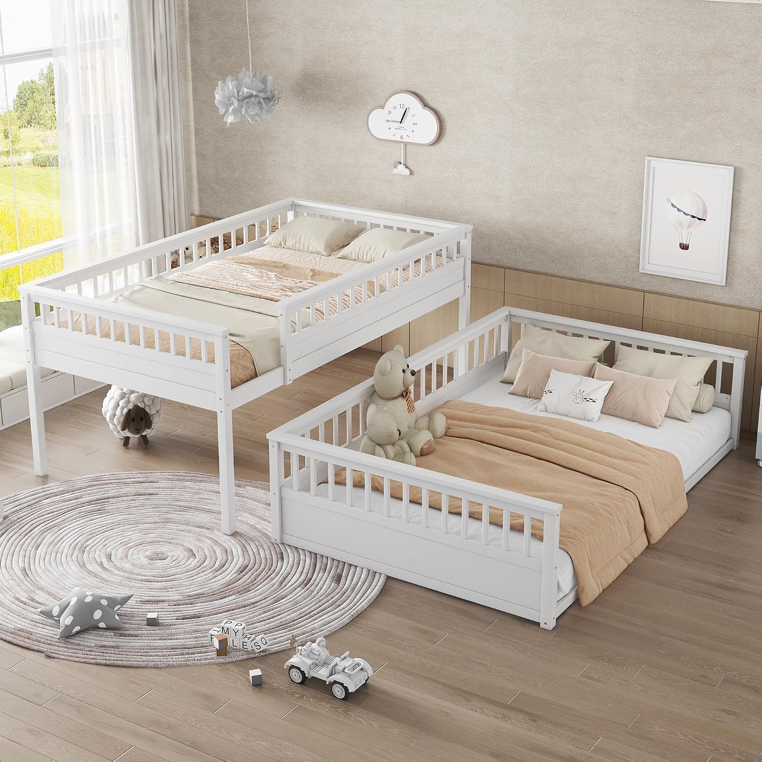 RUNNA Rustic Solid Wood Bunk Bed for Kids Teens with Ladder and Guardrails, Detachable Split Design,No Box Spring Needed (Off White, Full XL Over Queen)