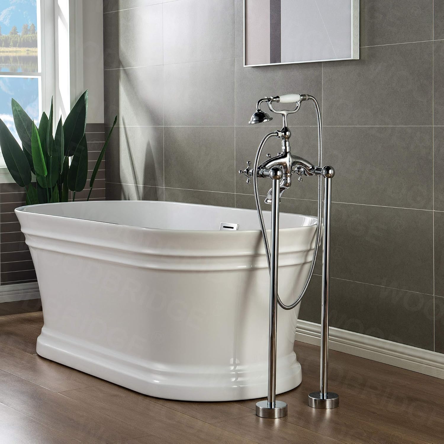 WOODBRIDGE 59'Freestanding White Acylic Soaking Bathtub with White Pillow,Drain and Overflow inChrome,BTA1536 -C-Drain &O+ Pillow