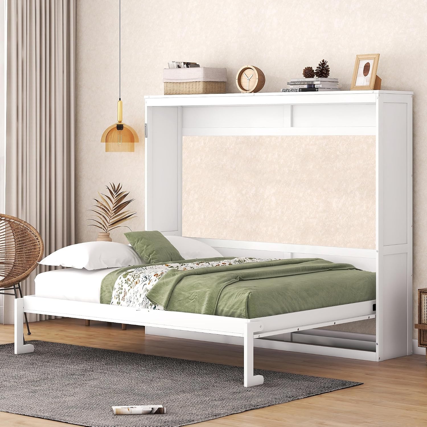 Merax Modern Farmhouse Solid Wood Murphy Bed Chest/Space Saving/Wood Slat Support/Queen,White