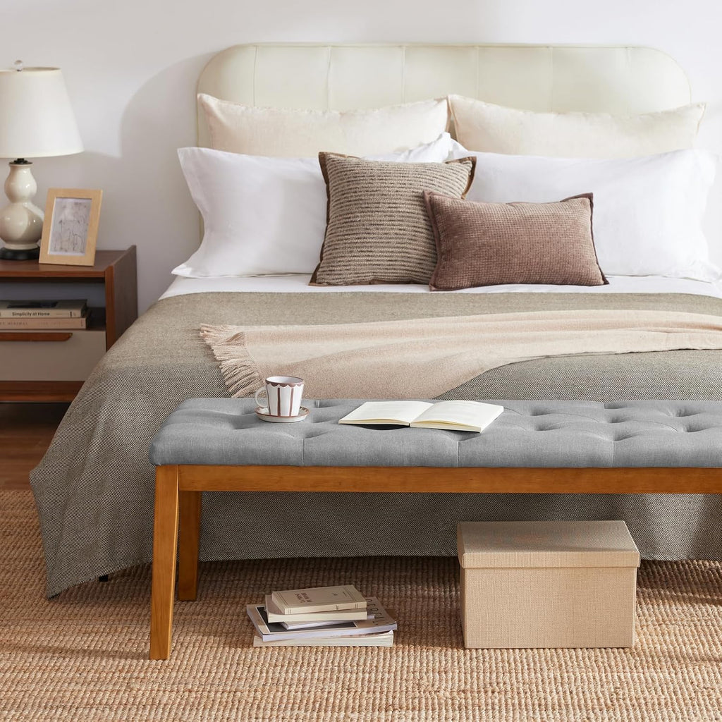 Ottoman Bench Upholstered Padded Seat with Solid Wood Legs and Button-Tufted, Big Oversized Ottoman, Linen Grey