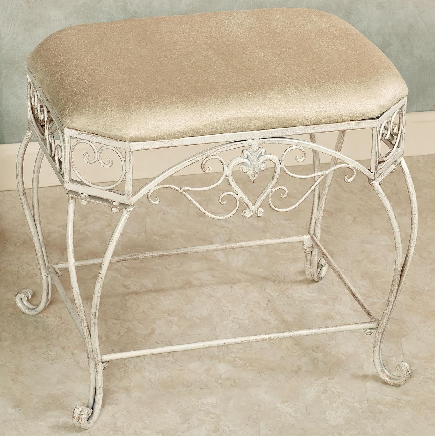 Touch of Class Aldabella Traditional Upholstered Vanity Bench | Creamy Gold | Cushion is Polyester | Handcrafted Metal | Chairs for Makeup, Bathroom | Elegant Accent Furniture