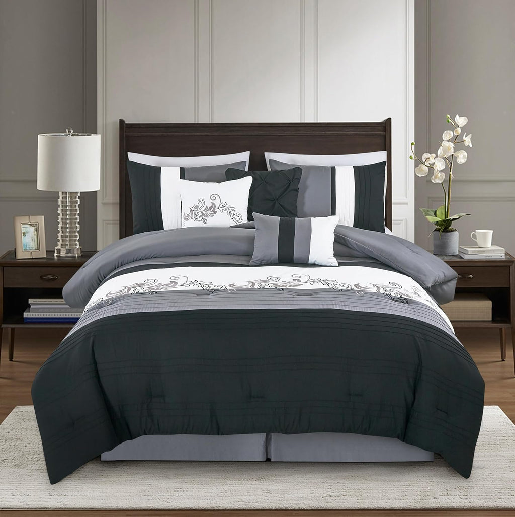 Chezmoi Collection Napa 7-Piece Luxury Leaves Scroll Embroidery Bedding Comforter Set (Oversized King, Black/Gray/White)