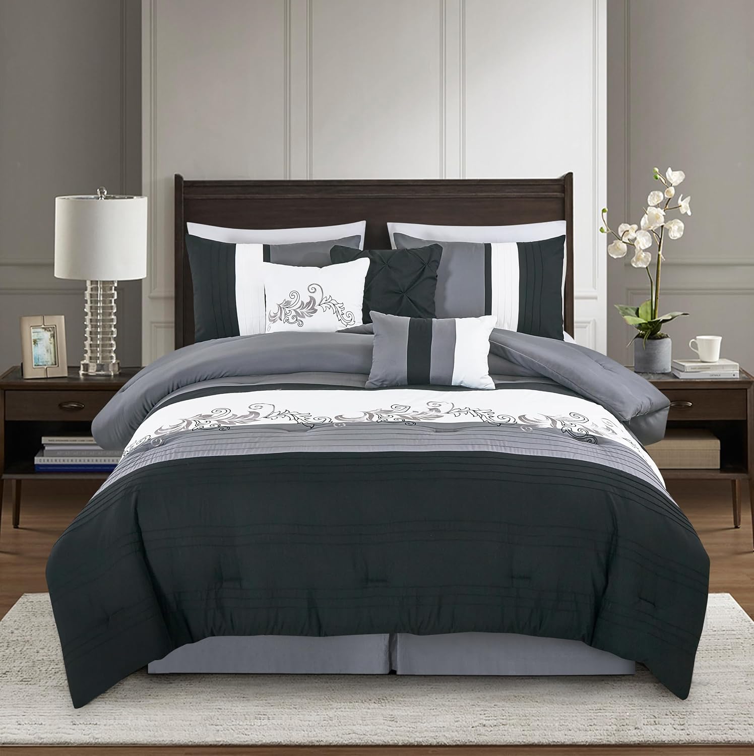 Chezmoi Collection Napa 7-Piece Luxury Leaves Scroll Embroidery Bedding Comforter Set (Oversized King, Black/Gray/White)