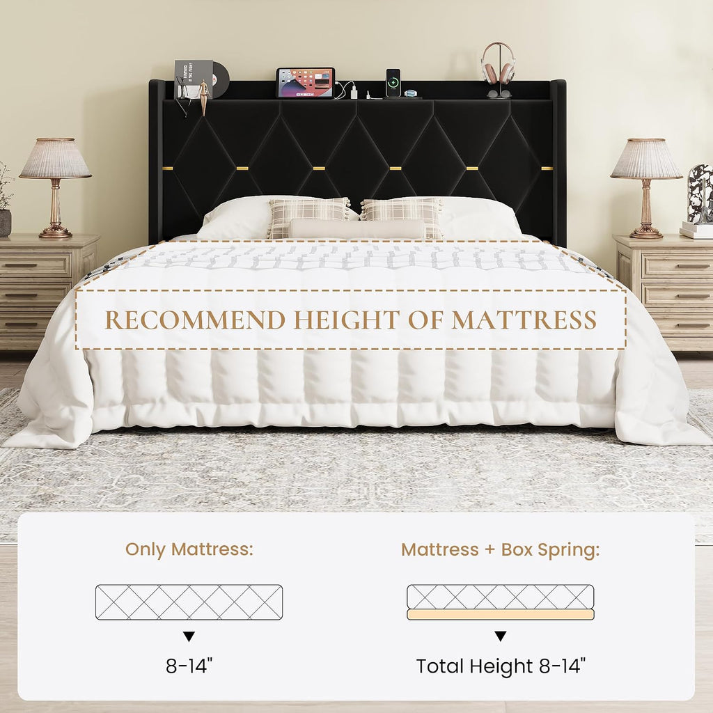 SHA CERLIN King Size Velvet Upholstered Bed Frame with Charging Station, Modern Wingback Storage Headboard, Diamond Stitched & Gold Trim, No Box Spring Needed, Easy Assembly, Black