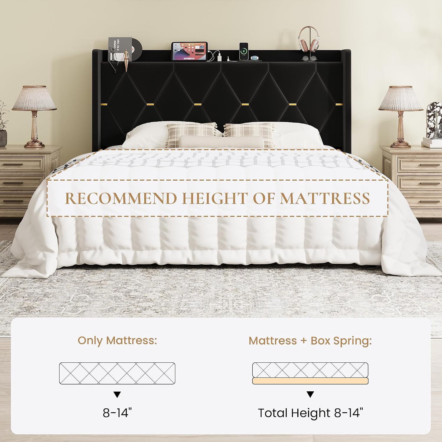 SHA CERLIN King Size Velvet Upholstered Bed Frame with Charging Station, Modern Wingback Storage Headboard, Diamond Stitched & Gold Trim, No Box Spring Needed, Easy Assembly, Black