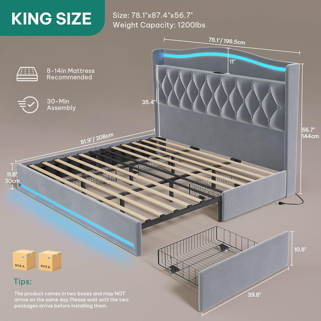 DWVO King Size Bed Frame with 4 Storage Drawers and RGB LED Lights, 57'' Tall Headboard Velvet Upholstered Bed with Charging Station, No Box Spring Needed, Easy Assembly, Noise-Free, Grey
