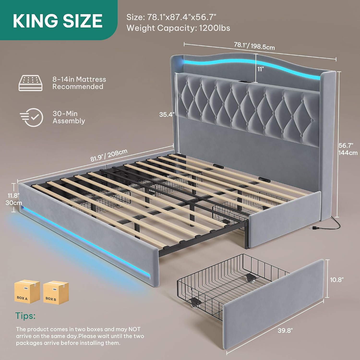 DWVO King Size Bed Frame with 4 Storage Drawers and RGB LED Lights, 57'' Tall Headboard Velvet Upholstered Bed with Charging Station, No Box Spring Needed, Easy Assembly, Noise-Free, Dark Grey