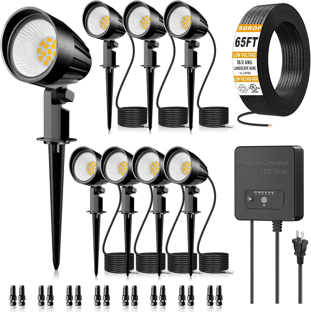 Low Voltage Landscape Lighting Kit, 12W Landscape Lights with Transformer 65FT UL-Listed Wire & Connectors, 2700K Waterproof Outdoor Garden Lights for Yard House Tree 12V-24V 8Pack