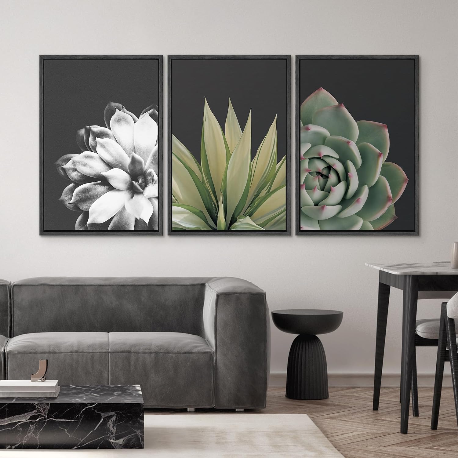 SIGNWIN Framed Wall Art Print Set Echeveria Succulent Variety Nature Plants Photography Modern Art Closeup Relax/Calm Dark Black and White for Living Room, Bedroom, Office - 24'x36'x3 Black