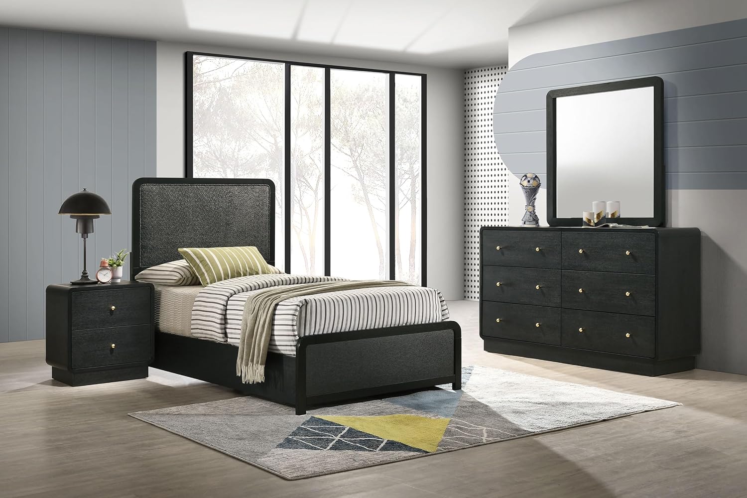 Coaster Home Furnishings - Cavelle - Wood - 4-Piece Bedroom Set with Panel Bed, Metal Knobs, and Upholstered Headboard - Bedroom - Twin Size - Black - 223661T-S4