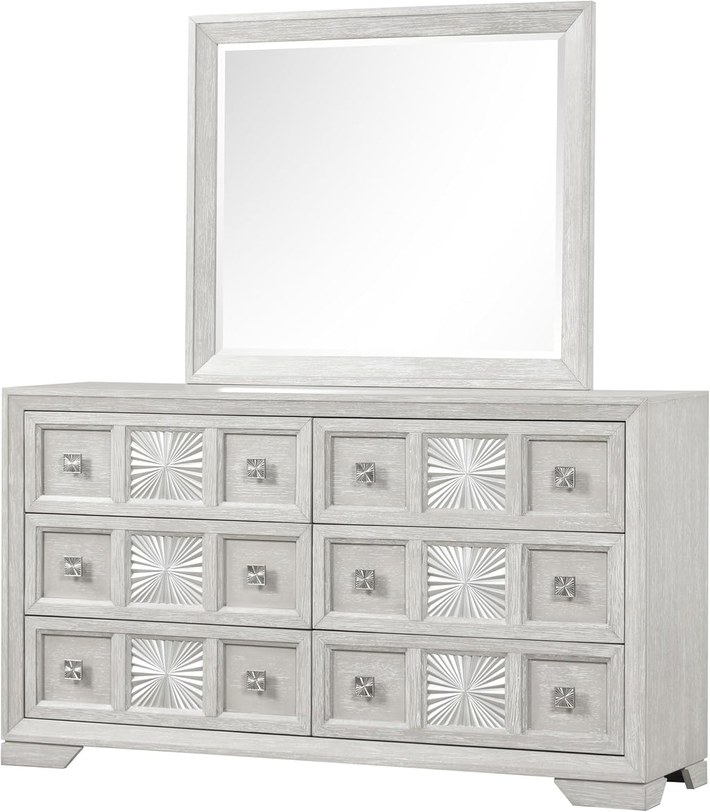 Furniture of America Narella Modern Wood 5-Piece Bedroom Set with Sunburst Pattern, Nickel Brushed Wire Hardware, Felt-Lined Top Drawers, Bracketed Feet, Box Spring Needed, Queen, Light Gray