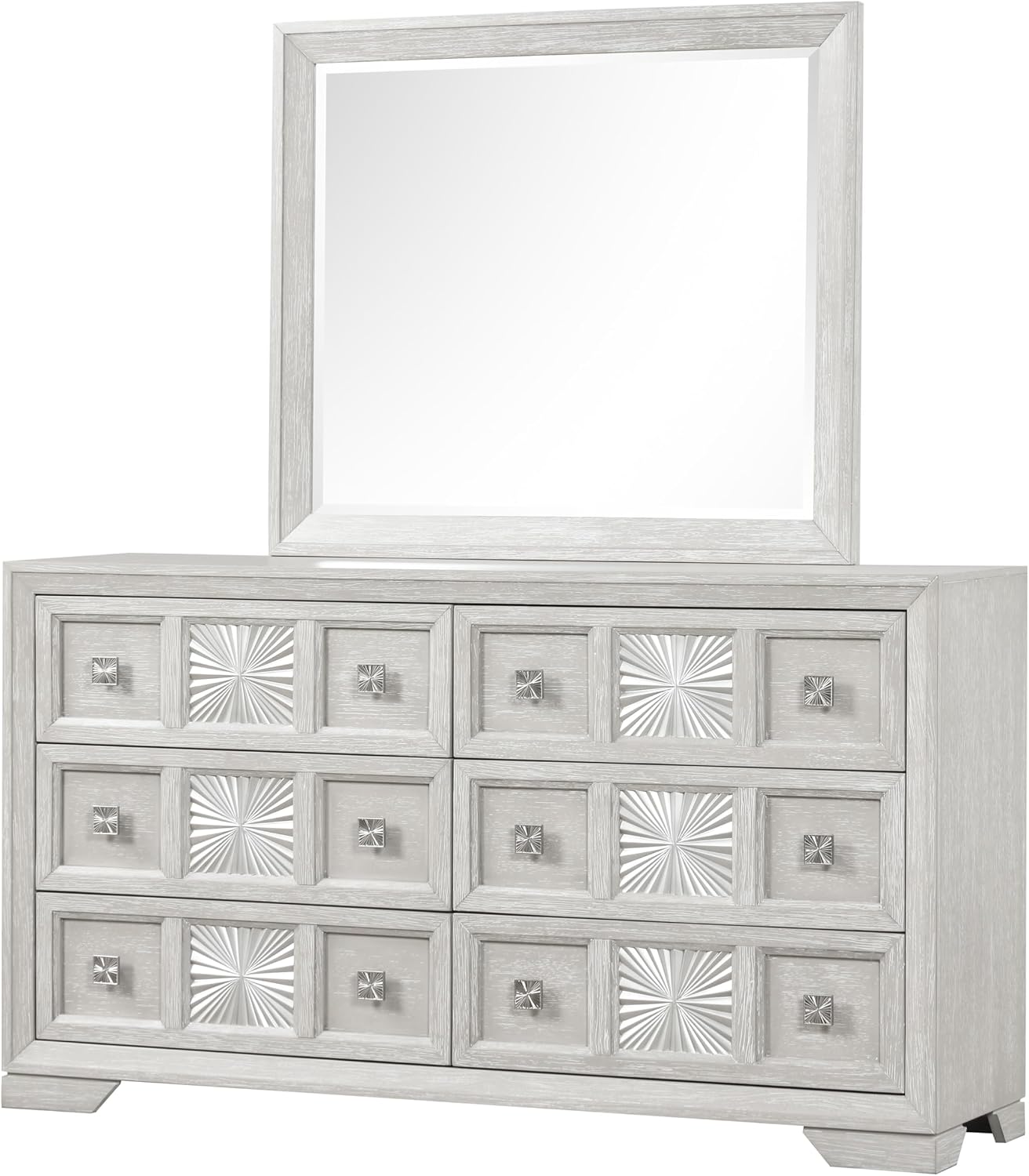 Furniture of America Narella Modern Wood 5-Piece Bedroom Set with Sunburst Pattern, Nickel Brushed Wire Hardware, Felt-Lined Top Drawers, Bracketed Feet, Box Spring Needed, Queen, Light Gray
