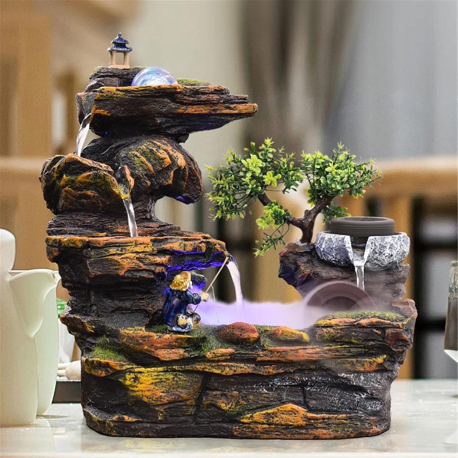 Tabletop Fountain Resin Indoor Waterfall Rockery Stream Tabletop Fountain for Home and Office Decor