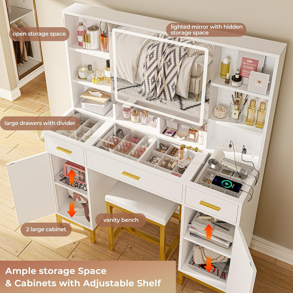 VIAGDO Vanity Desk with Openable Mirror and Lights, Glass Tabletop Makeup Vanity Set with Charging Station, White Vanity Table with 3 Drawers & 2 Cabinets, DIY Drawer Dividers, Hidden Hooks