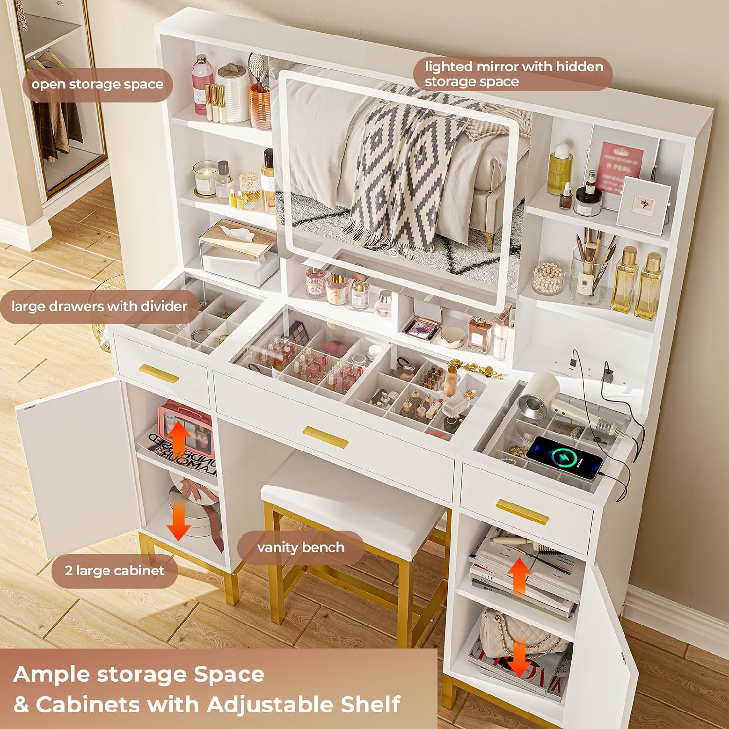 VIAGDO Vanity Desk with Openable Mirror and Lights, Glass Tabletop Makeup Vanity Set with Charging Station, White Vanity Table with 3 Drawers & 2 Cabinets, DIY Drawer Dividers, Hidden Hooks