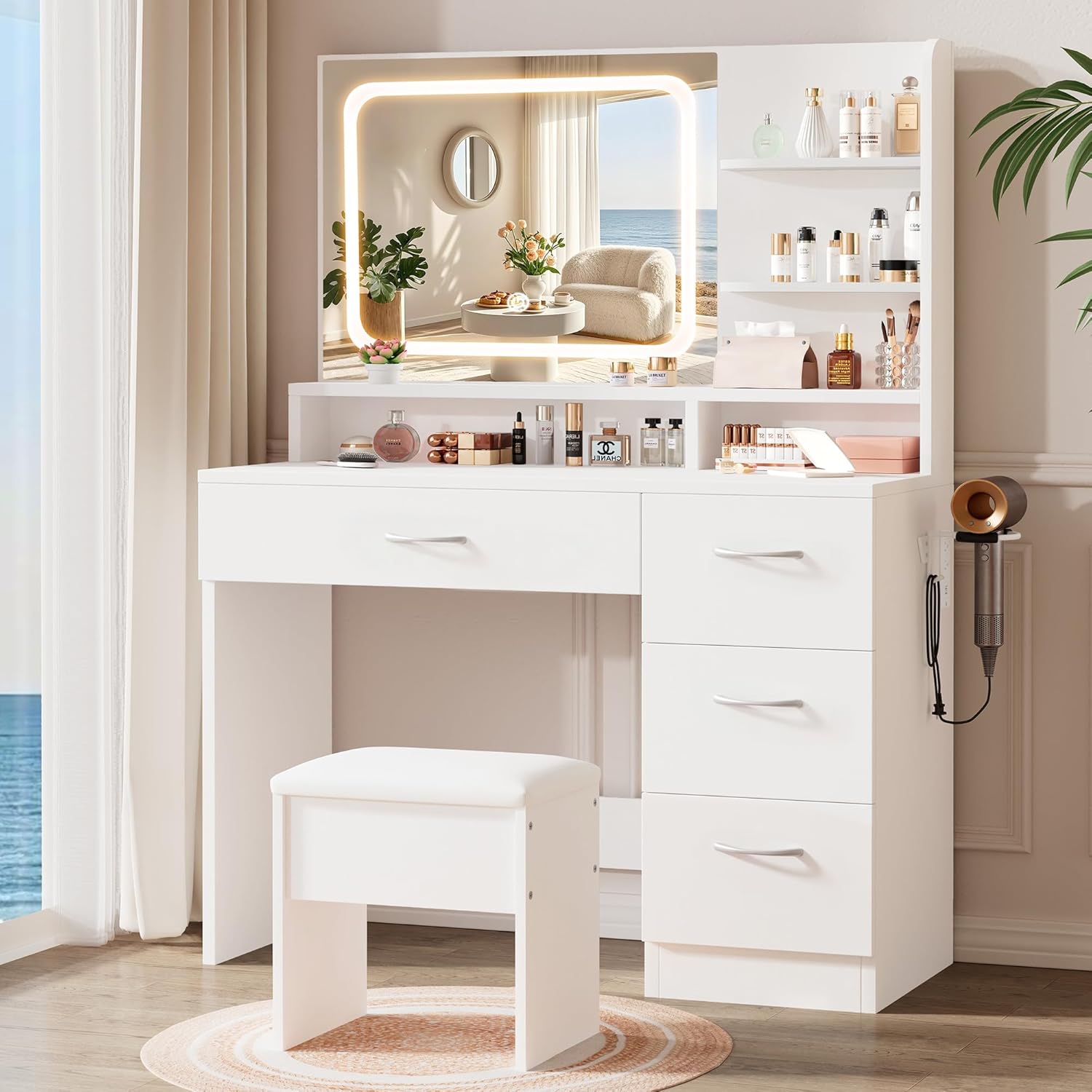 LIVELYGLOW Makeup Vanity Desk with Smart LED Mirror & Charging Station, 34.1' White Vanity Table Set with Cushioned Stool, 4 Drawers & Hairdryer Rack, Modern Bedroom Dressing Table-White