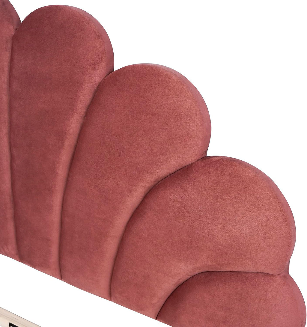 Harper & Bright Designs Queen Size Upholstered Platform Bed with Flower Pattern Velvet Headboard, Bean Paste Red