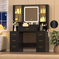 Wodeer Black Makeup Vanity Desk with Mirror & Lights, Modern Vanity Table with Charging Station, 7 Drawers, Glass Cabinet, Adjustable Shelves, Bedroom Dressing Table Set for Women & Girls