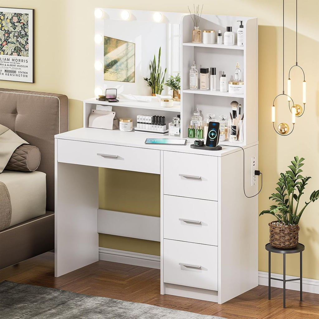 Vanity Desk with Lighted Mirror, White Vanity with 4 Drawers,Makeup Vanity with Storage Shelves and Power Outlet,10 Lights with 3 Color Modes Brightness Adjustable for Girls' Bedroom (White)
