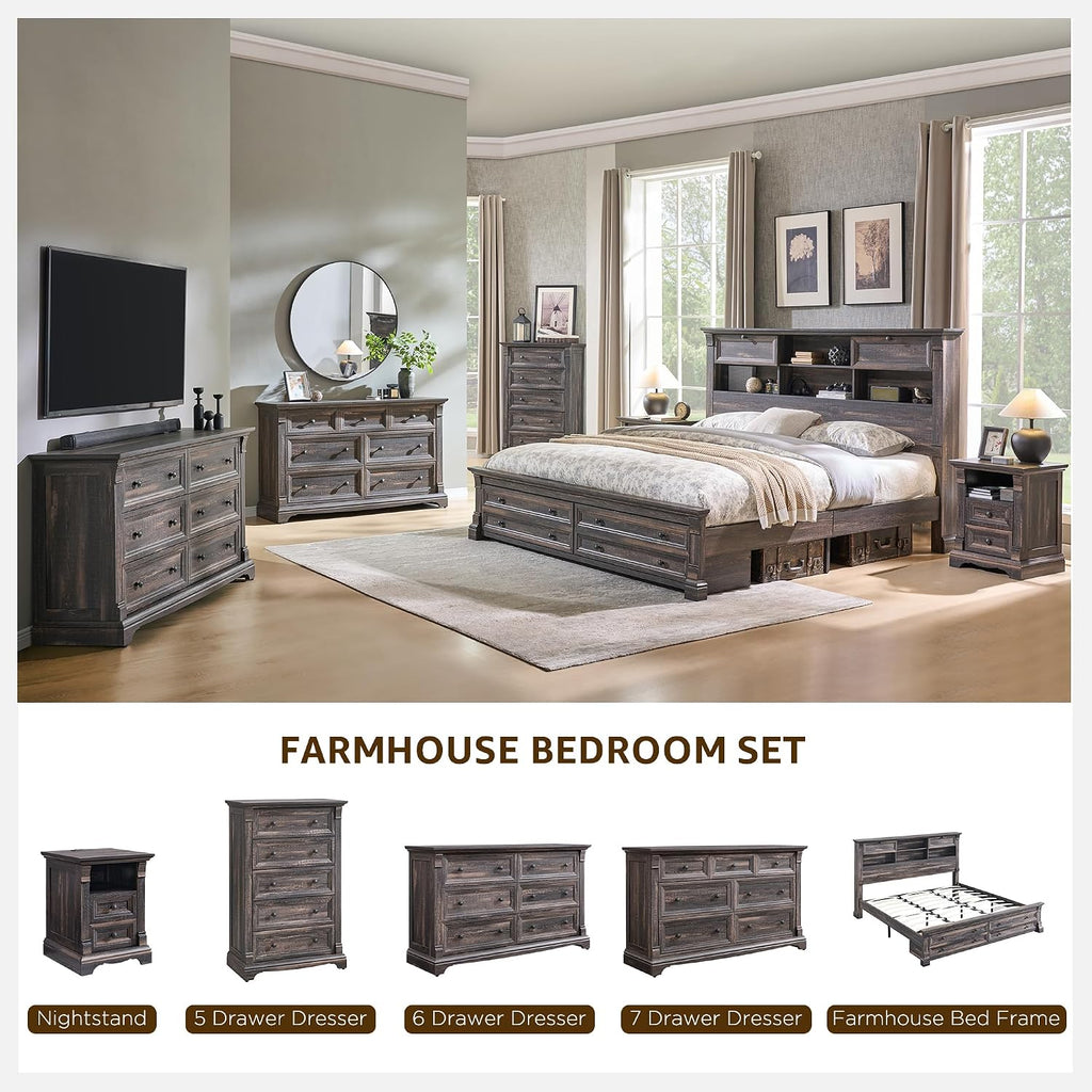 T4TREAM Farmhouse 7 Drawers Dresser for Bedroom, 54' Wide Wood Rustic Chest of Drawers w/Roman Column, Wooden Storage Dressers Organizer for Bedroom, Living Room, Closet, Dark Rustic Oak