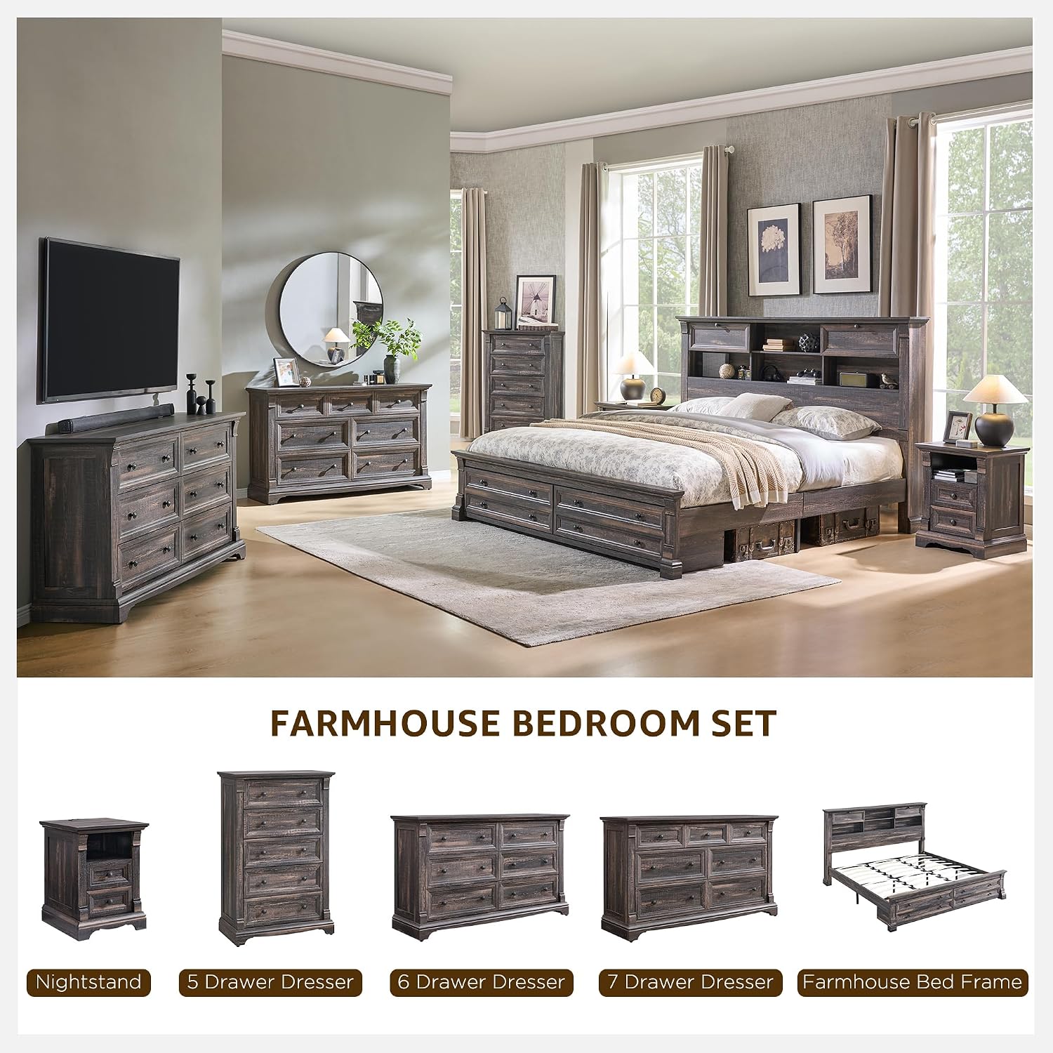 T4TREAM Farmhouse 7 Drawers Dresser for Bedroom, 54' Wide Wood Rustic Chest of Drawers w/Roman Column, Wooden Storage Dressers Organizer for Bedroom, Living Room, Closet, Dark Rustic Oak
