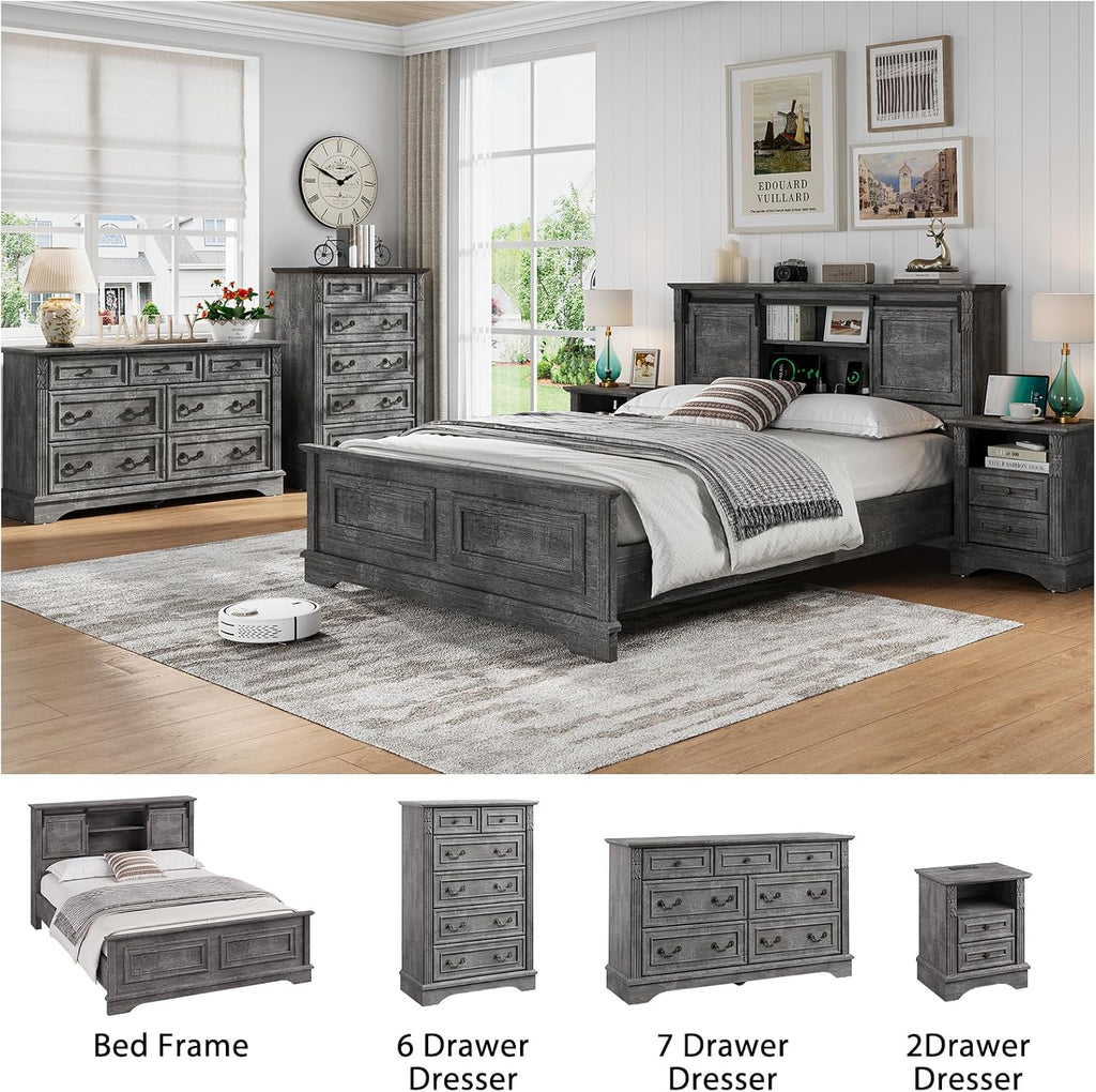 BOSHIRO Farmhouse Queen Size Bed Frame with Storage Bookcase Headboard, Bed Frame Wood Platform w/Charging Station, Bracket Footboard, 2 Large Sliding Barn Doors, No Box Spring Needed - Light Gray