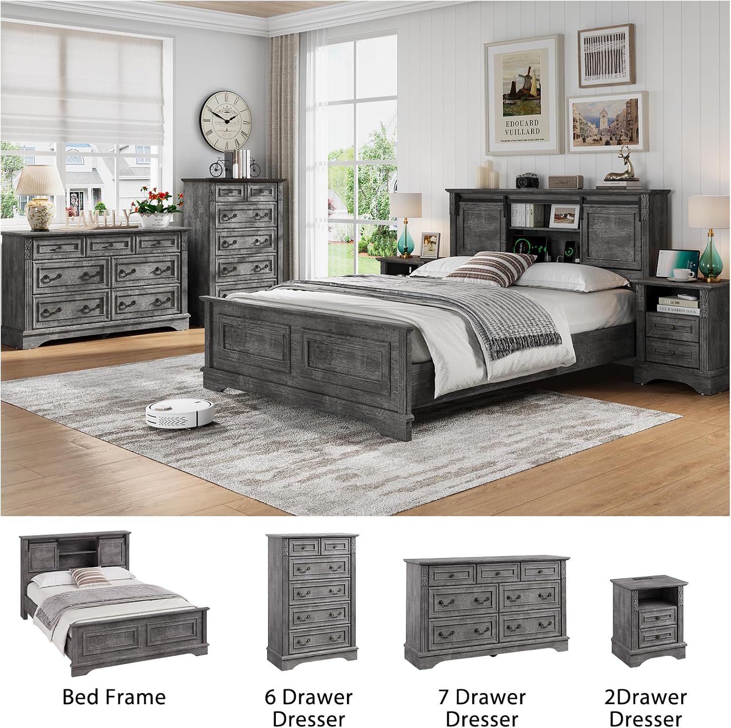 BOSHIRO Farmhouse Queen Size Bed Frame with Storage Bookcase Headboard, Bed Frame Wood Platform w/Charging Station, Bracket Footboard, 2 Large Sliding Barn Doors, No Box Spring Needed - Light Gray