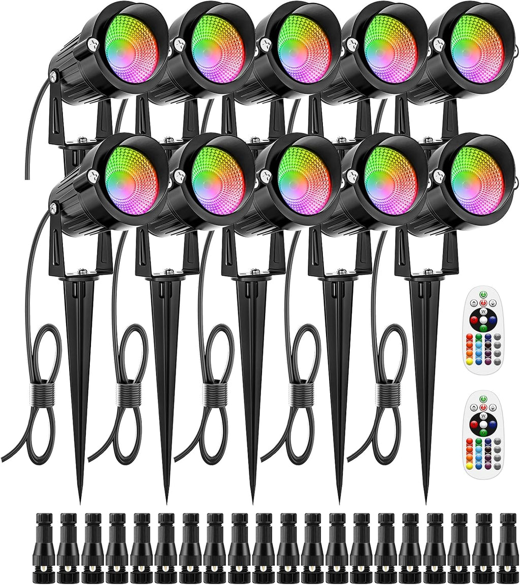 ZUCKEO 12W Color Changing Landscape Lights RGB Low Voltage Landscape Lighting Remote Control, Waterproof LED Outdoor Spotlight for Garden Pathway House Christmas Decor, 10 Pack with Connector