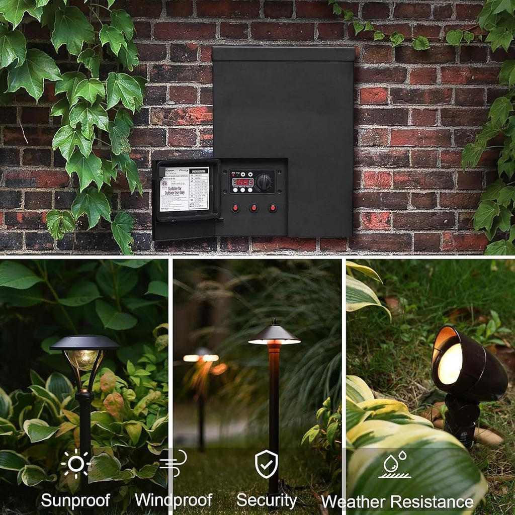 Malibu 900W Low Voltage Transformer Outdoor Low Voltage Landscape Lighting Power Supply with Photo Sensor Timer and Weatherproof Shield 120V to 12V AC Output for Spotlight, Pathway Light, Floodlight