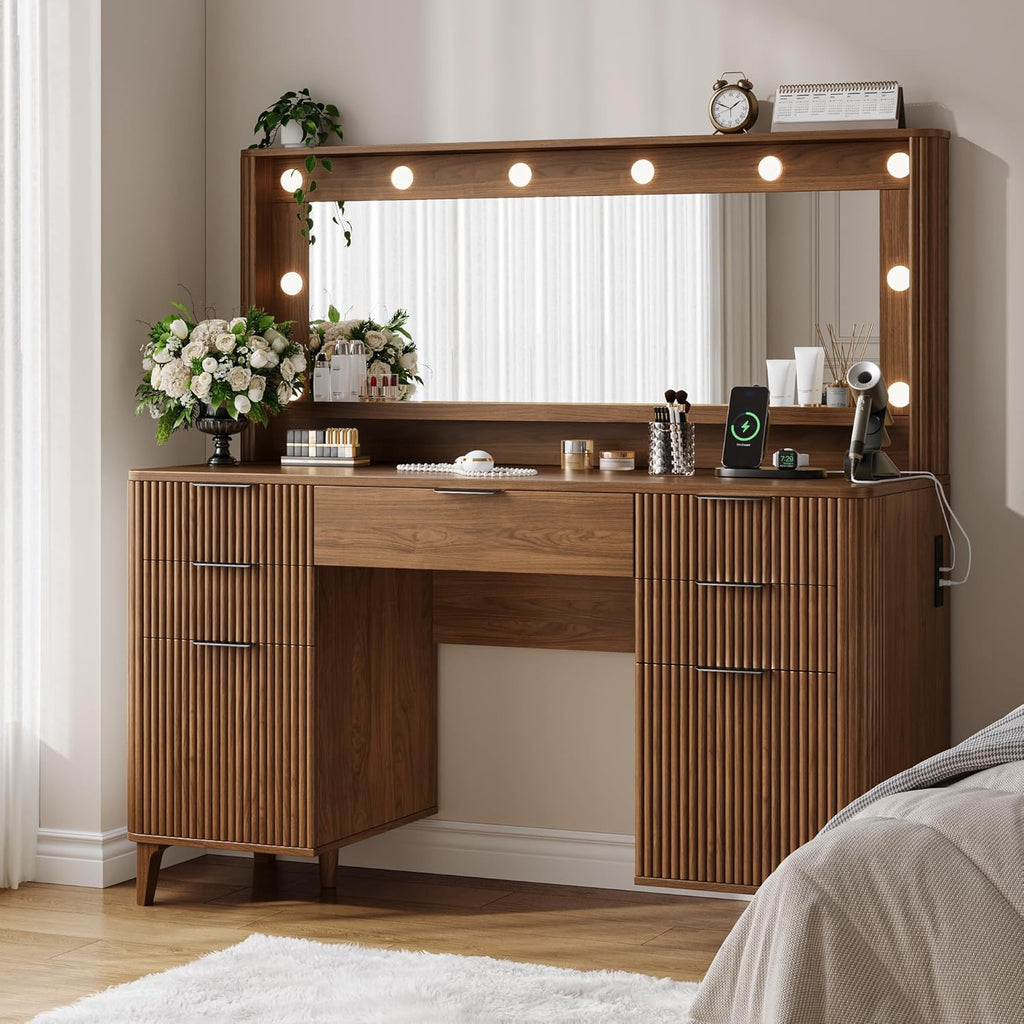 Fluted Makeup Vanity Desk with Large 39.3' Mirror and Lights, 48.8' Wood Vanity, Large Vanity Dressing Table, Modern Wooden Vanity Table for Women and Girls, Bedroom or Dorm (Walnut)